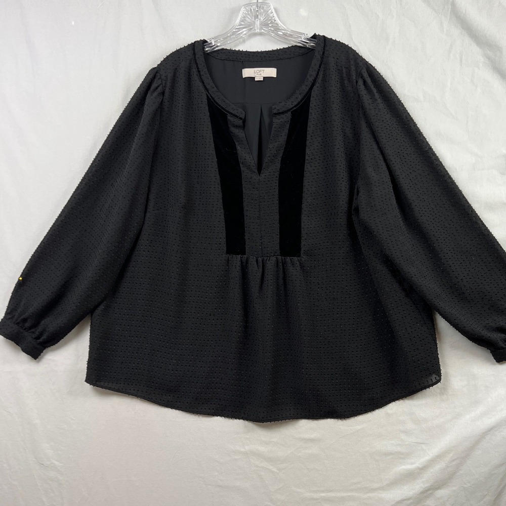 LOFT Plus Babydoll Top Women 18 Black V-Neck Velvet Trim Long Sleeves Dot